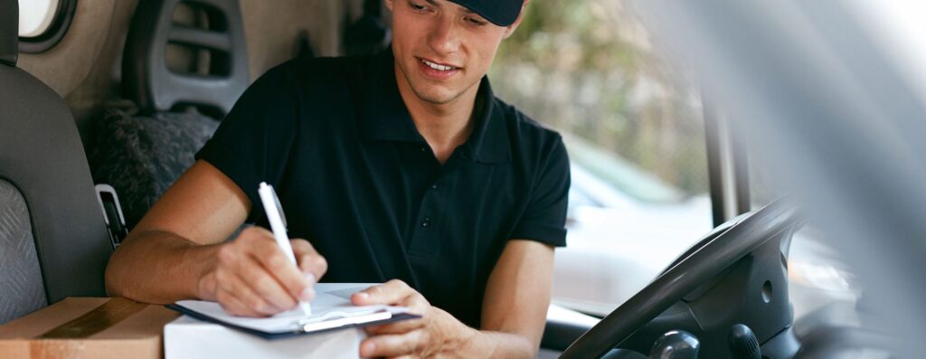 WHG Ipswich Delivery driver signing for parcel